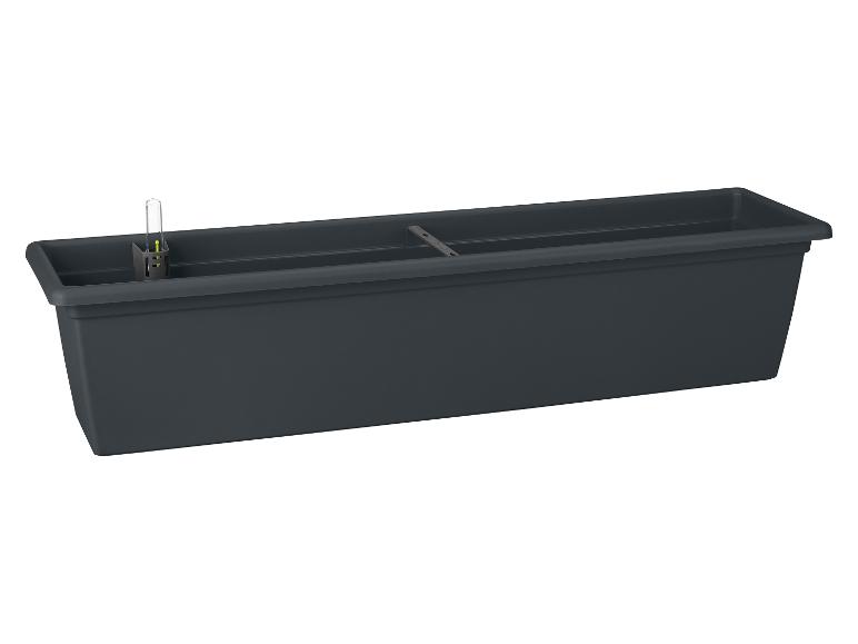 Donkergrijze zelfwaterende plantenbak met waterniveau-indicator.