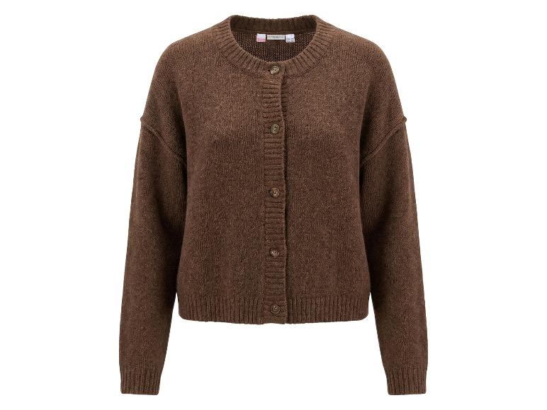 Bruin gebreid vest met knopen, lange mouwen en een ronde hals.