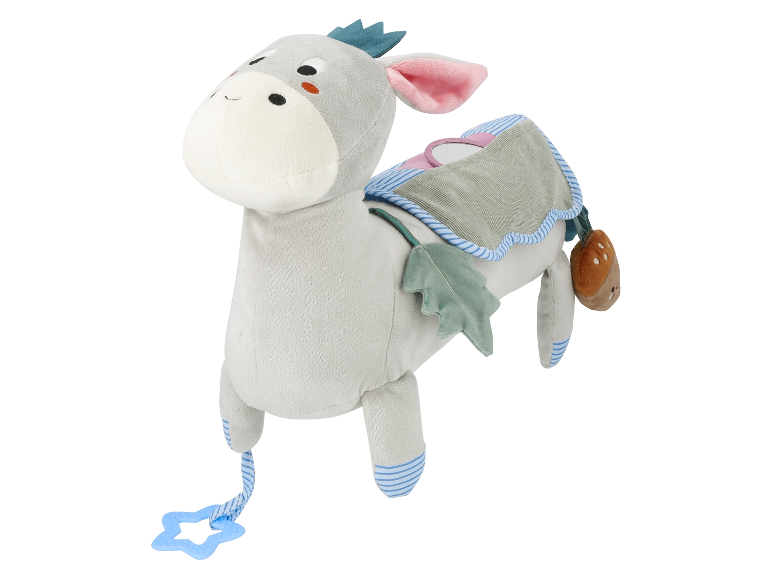 Schattig grijs knuffel ezeltje met diverse details voor baby's.