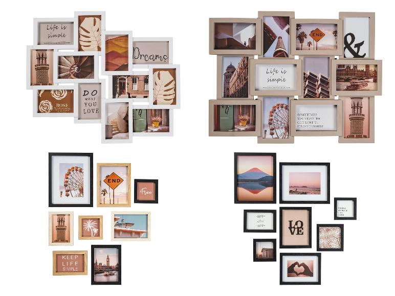 Collage fotolijsten in wit, beige en zwart, met diverse afbeeldingen en motiverende citaten.
