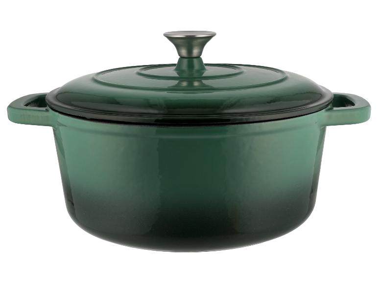 Groene gietijzeren pot met deksel.