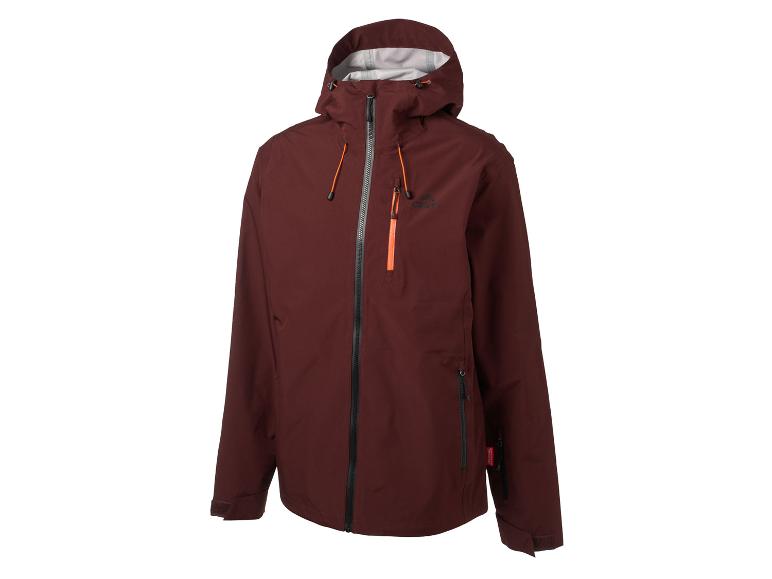 Donkerbruine ski-jas met oranje ritsen en capuchon.