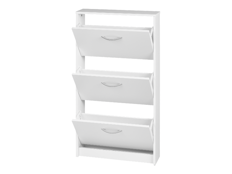 Witte schoenenrek met drie lagen en opklapbare deuren.
