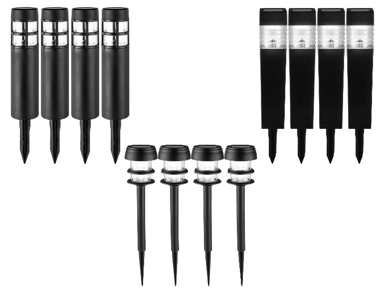 Drie sets zonne-tuinverlichting: cilindrisch, vierkant en klein.