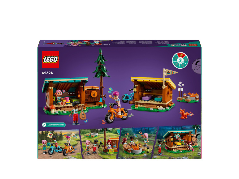 LEGO Friends set met twee hutten, fietsen en figuurtjes.
