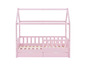 Een roze houten kinderbed met opberglade.