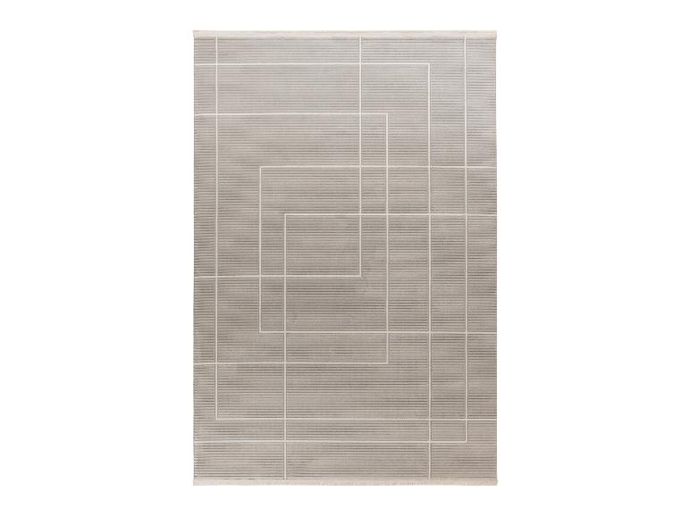 Grijs rechthoekig vloerkleed met een geometrisch patroon van witte lijnen.