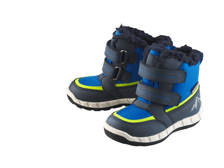 Paar blauw-grijze kinderwinterlaarzen met neongele accenten en de tekst 'WATERPROOF'.