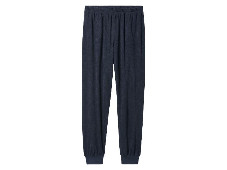 Donkerblauwe badstof joggingbroek met elastische tailleband en boorden.