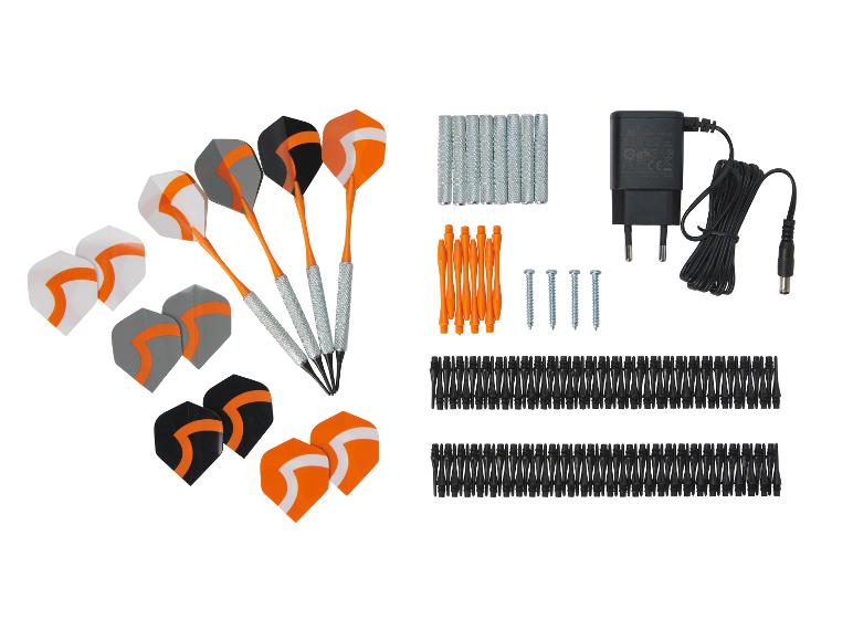 Dartset met extra flights, shafts, punten, schroeven en stroomadapter.