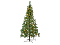 Groene kunstkerstboom met warme LED-verlichting, op een zwarte achtergrond.