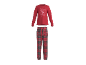 Rode pyjama met lange mouwen en geruite broek, met de tekst 'Let's have breakfast'.