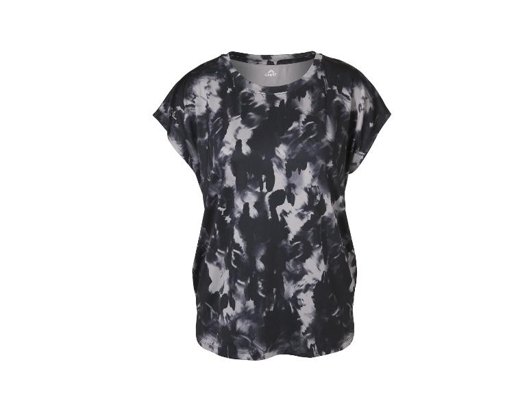 Dames T-shirt met grijs en zwart tie-dye patroon.