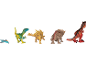 Een rij van vijf dinosaurusspeeltjes, waaronder een pterodactyl, velociraptor, stegosaurus, triceratops en T-Rex.