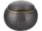 Donkergrijze bolvormige keramische pot met deksel, met een getextureerde, gespikkelde afwerking.