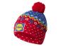 Rode en blauwe wintermuts met rode pompon en Lidl-logo