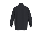 Achterkant van een zwart sweatshirt met rits en opstaande kraag.