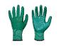 Twee groene tuinhandschoenen, één met de handpalm naar voren en één met de rug naar voren.