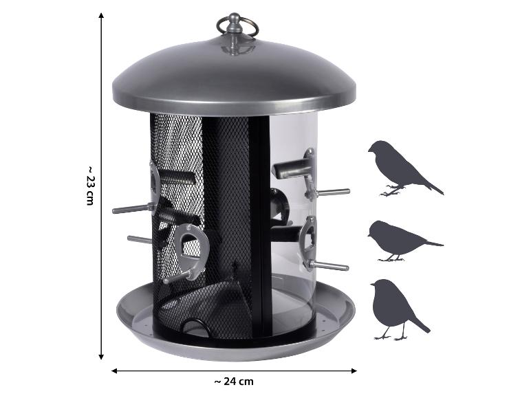 Metalen vogelvoederhuisje met transparant reservoir, 23x24 cm, met vogelsilhouetten.