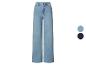 Lichtblauwe denim wide-leg jeans met hoge taille en twee kleurstalen.