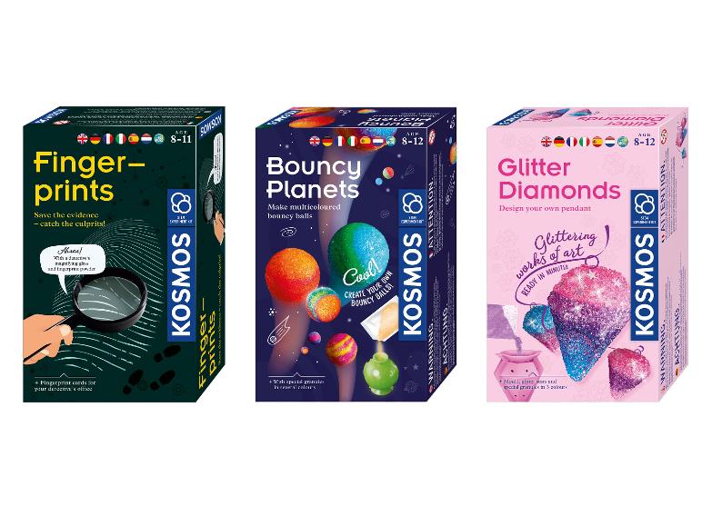 Drie wetenschapskits: vingerafdrukken, stuiterende planeten en glitterdiamanten.