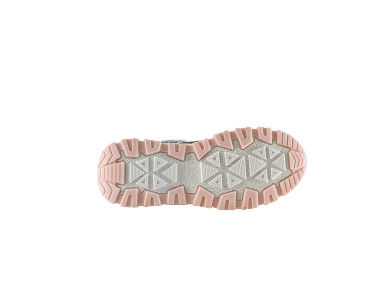 Buitenzool van een kinderschoen met roze en grijze patronen.
