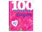 Een roze boek met de titel '100 Supergave Dingen' met illustraties van beautyproducten.