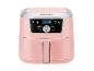Roze airfryer met digitaal display dat 180 graden Celsius en diverse kookmodi toont.