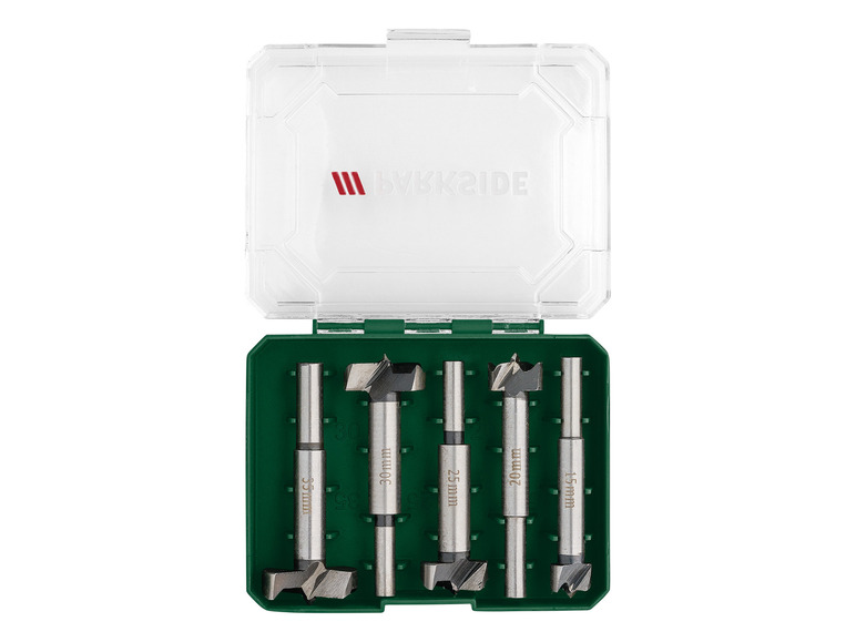 Een set van vier boortjes van het merk Workside, in een groene plastic doos.