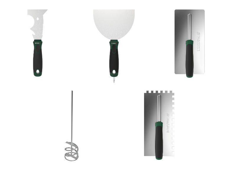 Parkside tegelgereedschapset met spatels, troffel en mixer.