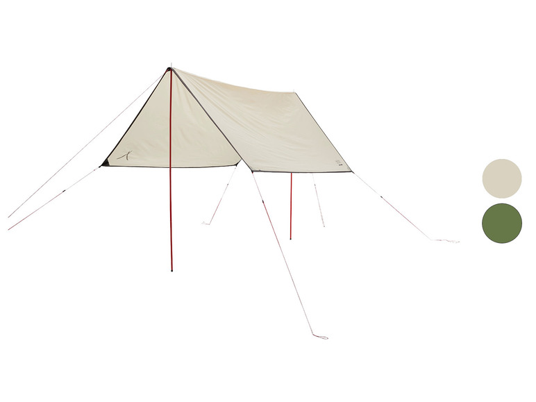 Een beige tentdoek met rode stokken en witte touwen