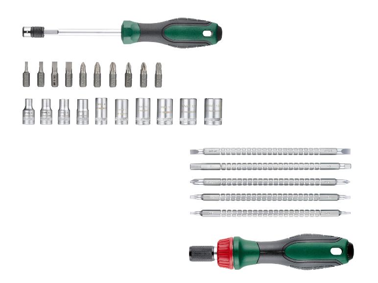Schroevendraaierset met verwisselbare bits, doppen en een ratelschroevendraaier.