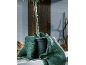 Olijfboom in pot, omwikkeld met groen jute, met snoeischaar op een houten tafel.