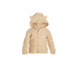 Beige gebreid babyvest met capuchon, oren en konijnenborduurwerk.