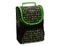 Zwarte lunchtas met videogamekarakterprint en groene accenten.
