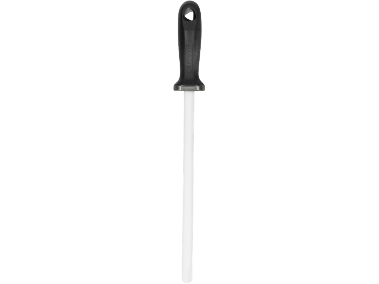 Keramische aanzetstaal met een zwart handvat en een witte staaf.