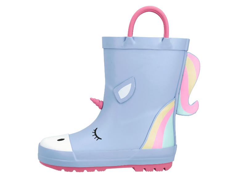 Lichtblauwe kinderregenlaars met eenhoornmotief, roze zool en regenboogstaart.
