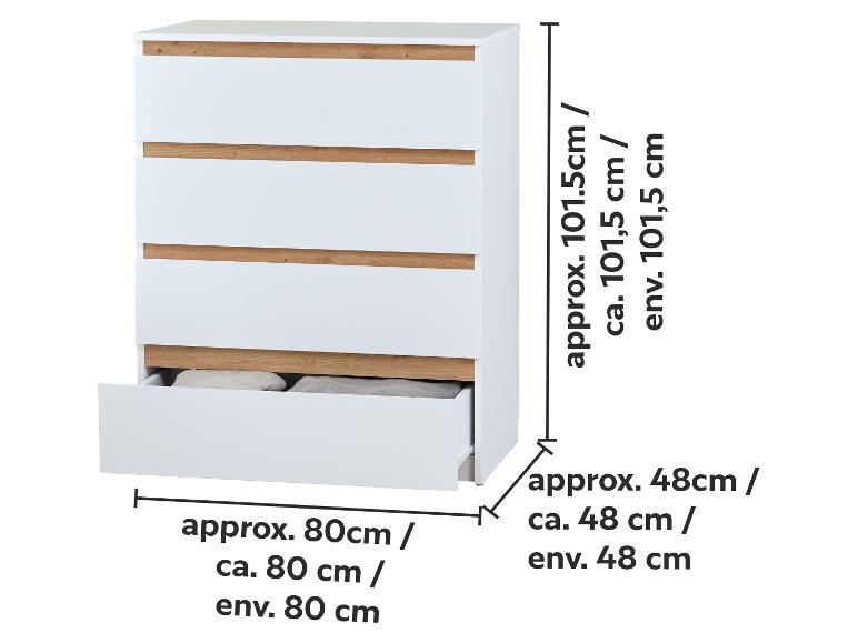 Witte ladekast met vier laden en houten accenten, afmetingen 101,5x80x48 cm.