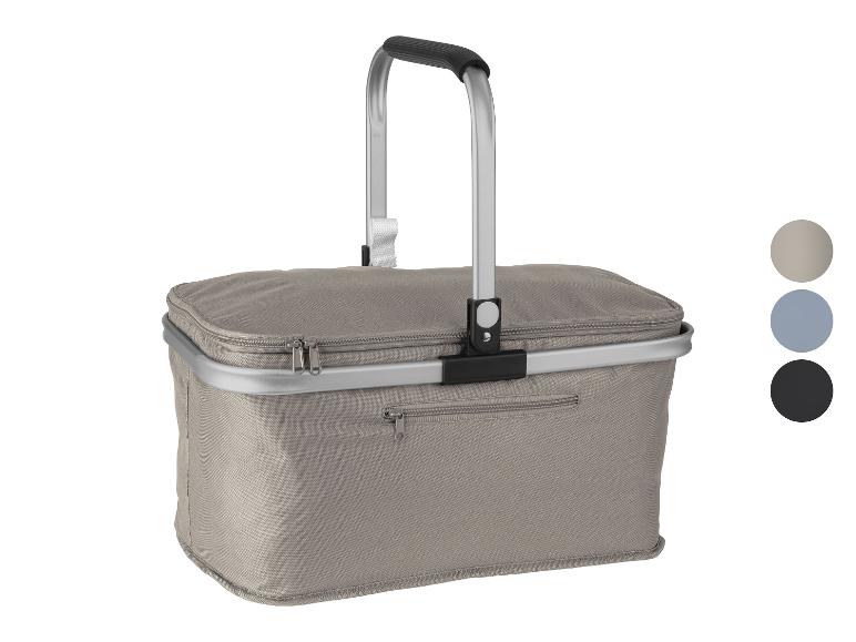 Opvouwbare grijze picknickmand met aluminium handvat en ritsen, met kleuropties.