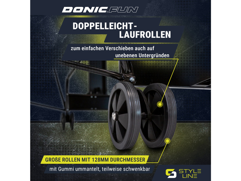 Donic Fun zware wielen met rubberen banden, geschikt voor onregelmatig terrein.