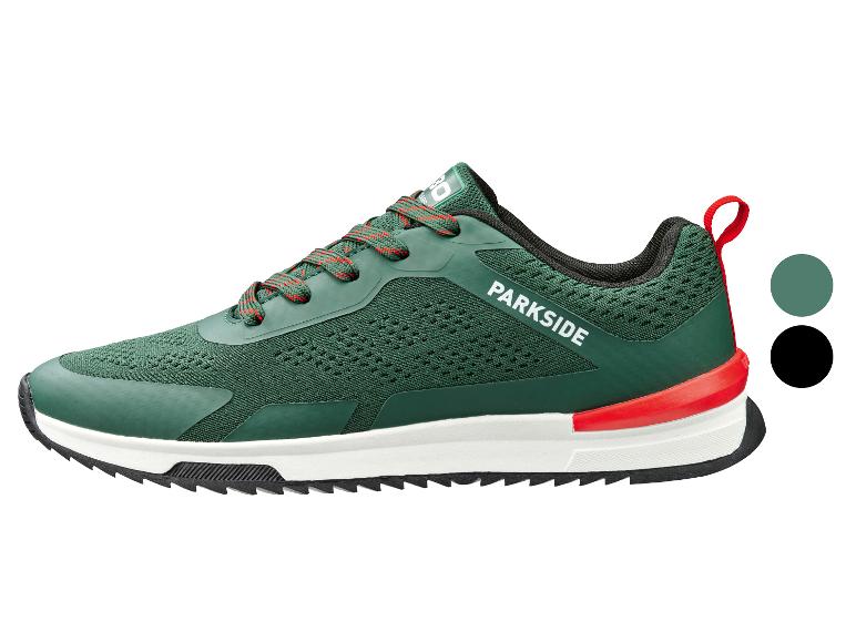 Groene sportschoen met rode veters en witte zool, met de tekst 'PARKSIDE'.