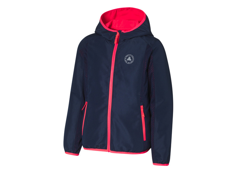 Een donkerblauwe windjack met roze accenten en het logo 'Love My Bike'