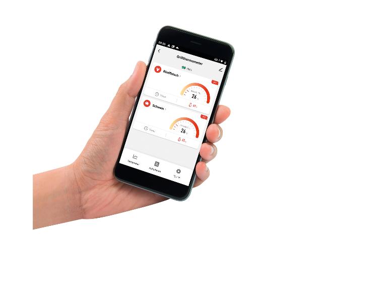Grillthermometer app toont temperatuur van rund- en varkensvlees.