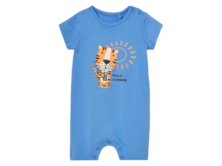 Blauw babypak met tijger- en zonprint, tekst "Hello Summer".