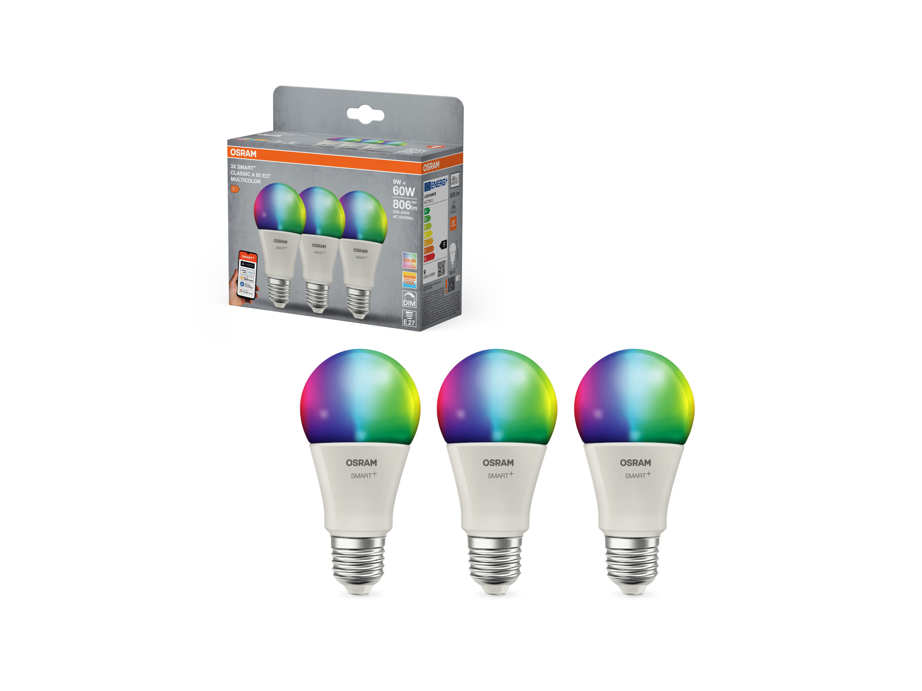 OSRAM Set van 3 slimme LED-lampen Smart Mat (A60, E27, 2700 K, RGBW)