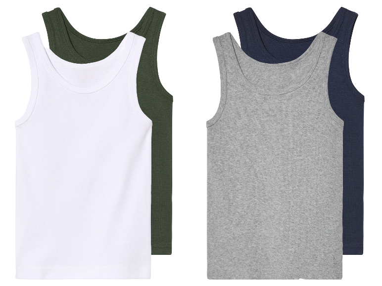 Twee witte en twee gekleurde tanktops.