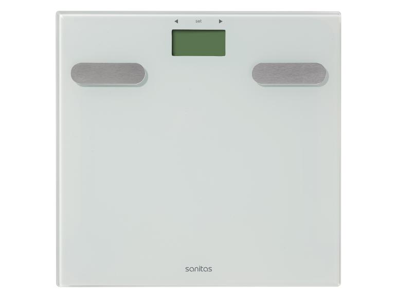 Witte glazen badkamerweegschaal met digitaal display en metalen elektroden