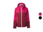 Roze en bordeauxrode dames outdoorjas met capuchon en witte rits.