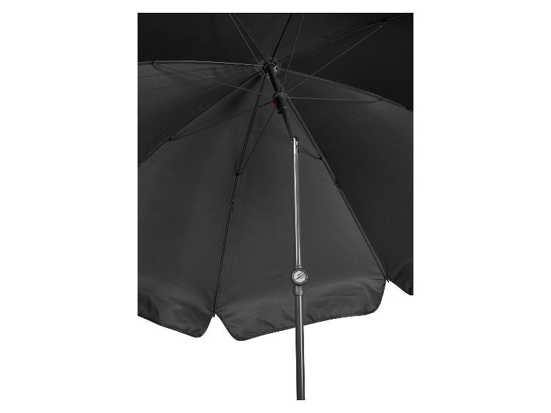 Zwarte parasol van onderaf gezien met zichtbare baleinen en paal
