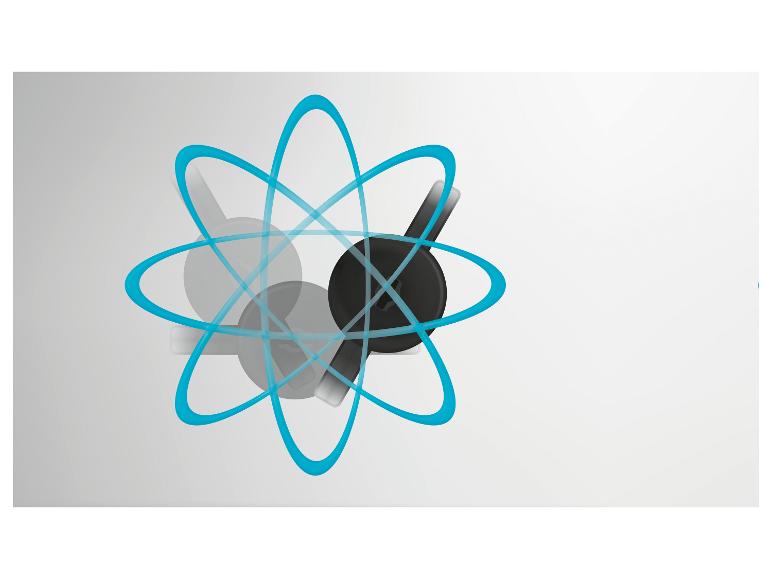 Abstracte weergave van een atoom met blauwe banen en een zwarte kern.